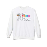 More Pride Less Prejudice sweatshirt featuring a vintage bust with rainbow sunglasses on a white crewneck.