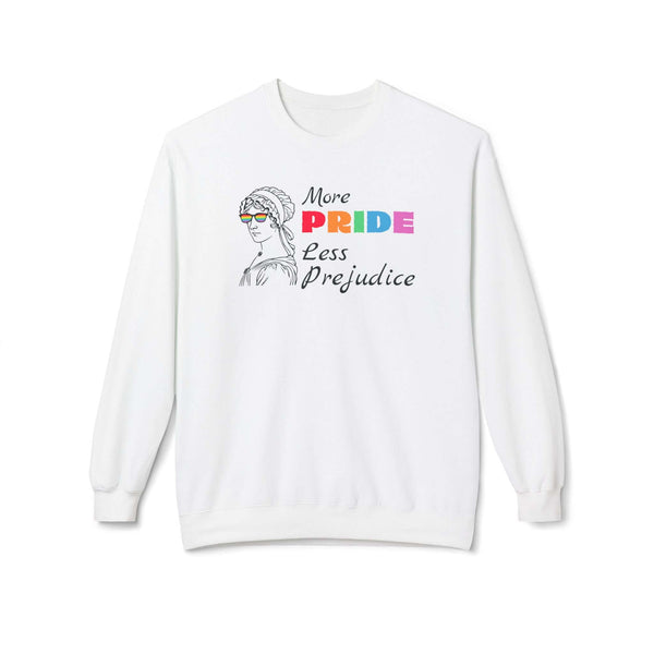 More Pride Less Prejudice sweatshirt featuring a vintage bust with rainbow sunglasses on a white crewneck.