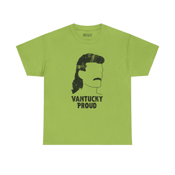 Green Vantucky Proud Billy Ray Slammer Athletic Tee featuring bold graphic of man with mustache and text design.