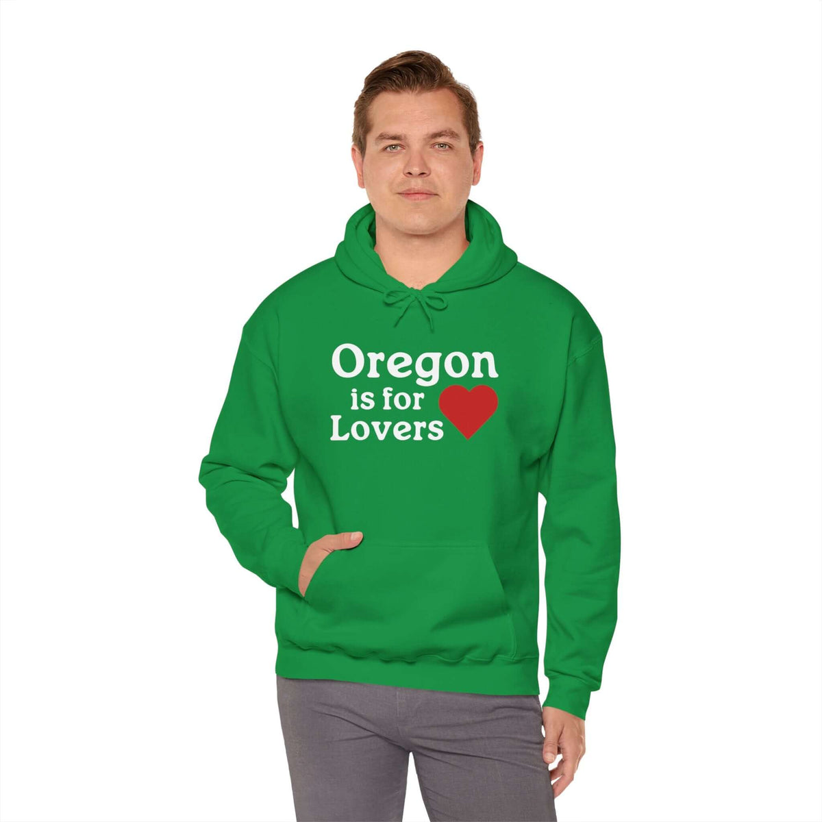 Man wearing green "Oregon is for Lovers" hoodie with red heart graphic.