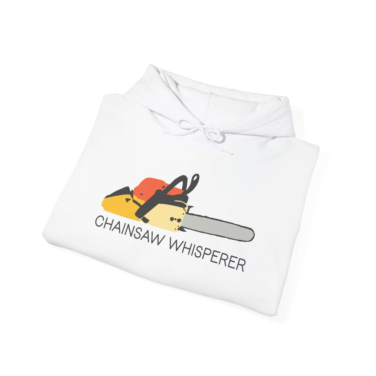 Chainsaw Whisperer Hoodie featuring a graphic of a chainsaw on a white background.