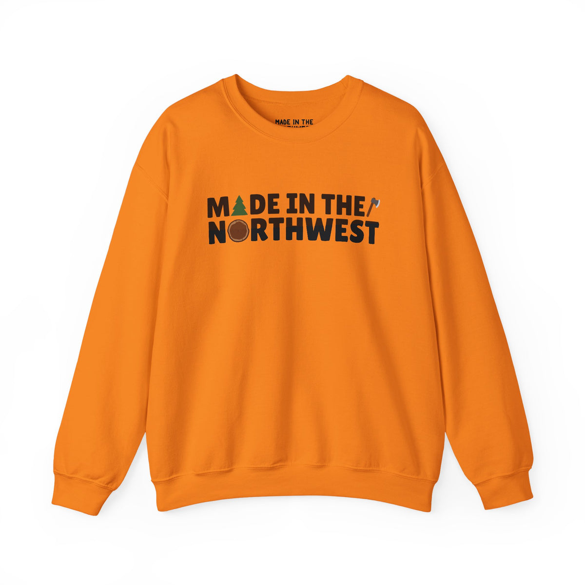 Northwest Woodlands cozy sweatshirt in orange with 'Made in the Northwest' text, perfect for nature lovers.