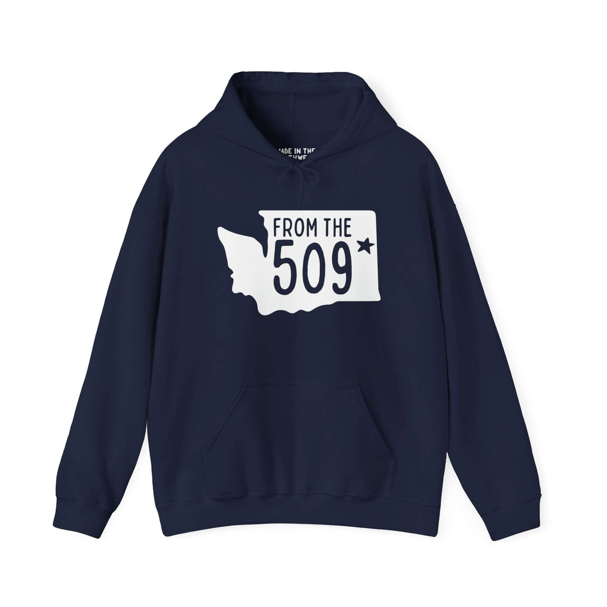 Navy "From the 509" hoodie with Washington state silhouette, star marking Spokane, and bold text, representing Spokane pride.