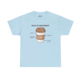 Light blue tee with coffee cup graphic and 