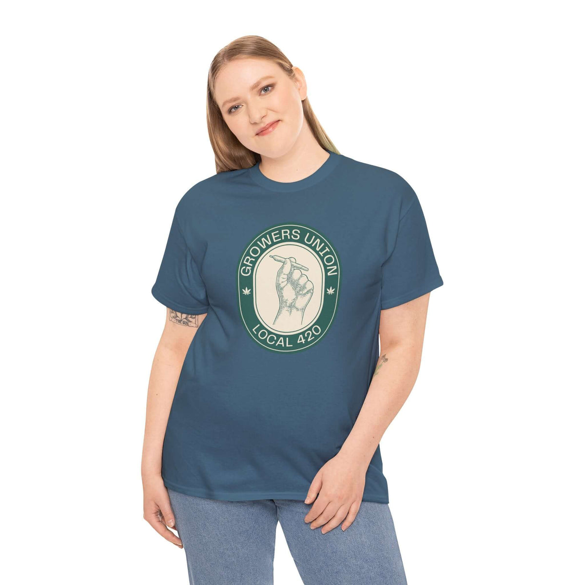 Model wearing Grower's Union Local 420 athletic tee featuring a hand holding a joint illustration.