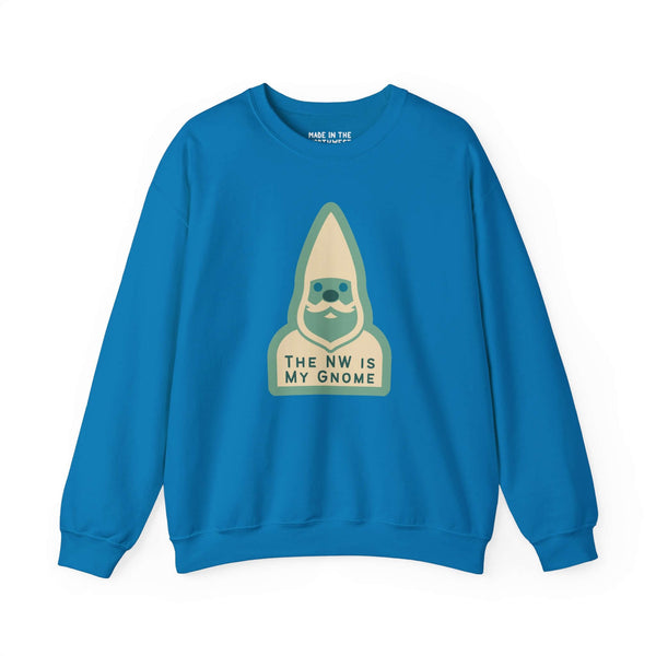 Cozy blue sweatshirt featuring gnome design and text 'The NW is My Gnome' for Pacific Northwest enthusiasts.