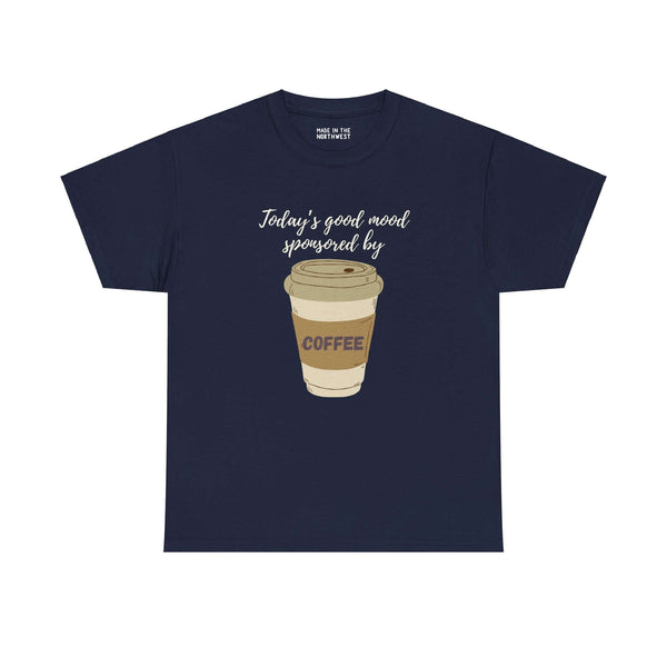 Navy athletic tee featuring "Today's Good Mood Sponsored By Coffee" with a to-go coffee cup design for coffee lovers.