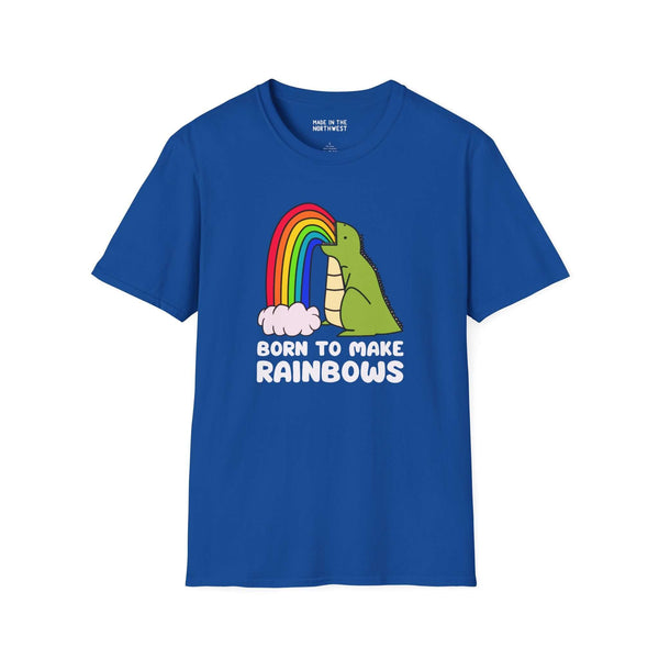 Born to Make Rainbows dinosaur t-shirt featuring a colorful dinosaur and rainbow design, perfect for fun-loving adults.