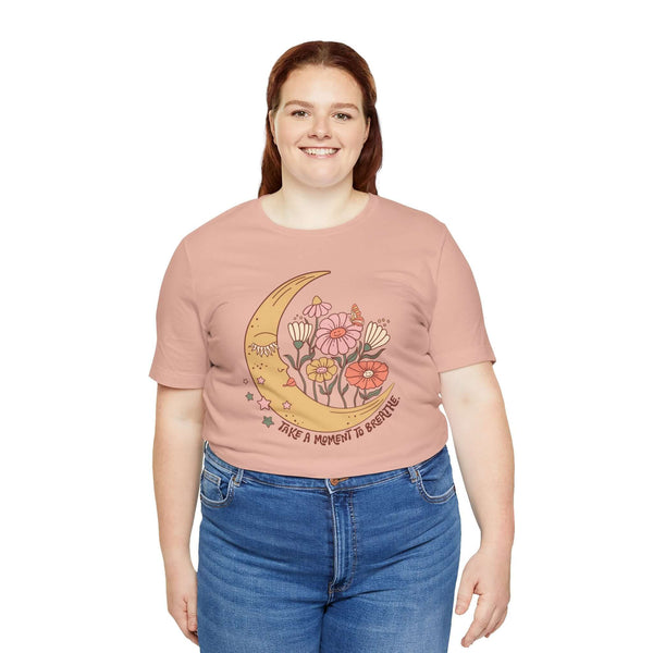 Take a Moment to Breathe T Shirt featuring crescent moon and wildflowers design.