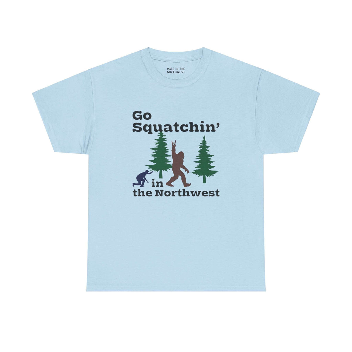 "Go Squatchin' in the Northwest tee with Sasquatch graphic, perfect for Bigfoot enthusiasts and Northwest adventurers, unisex fit"