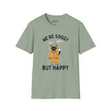 We're Soggy But Happy t-shirt featuring a drenched cat in a raincoat, perfect for embracing the Pacific Northwest rain.