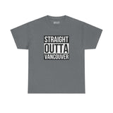 Straight Outta Vancouver athletic tee with bold streetwear design, showcasing local pride on a grey background.