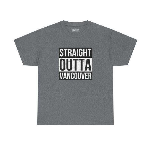 Straight Outta Vancouver athletic tee with bold streetwear design, showcasing local pride on a grey background.