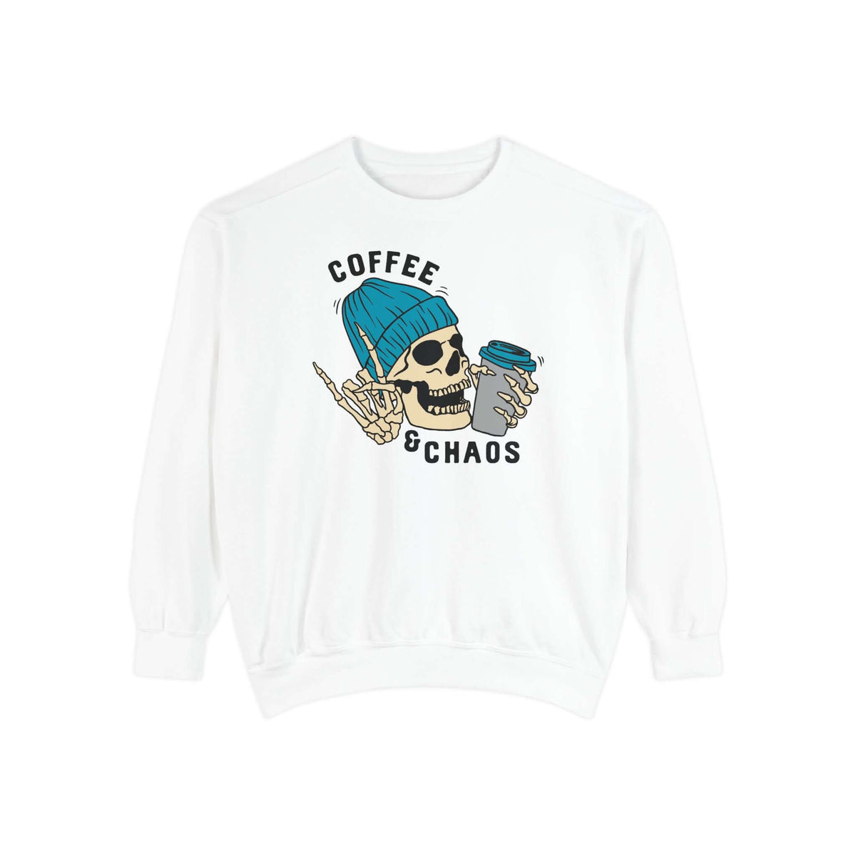 Coffee and Chaos Sweatshirt with rebellious skeleton and coffee cup design on a white crewneck.
