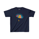 Kids navy t-shirt with colorful 'Puddle Jumping Pro' umbrella design, perfect for playful and adventurous children who love splashing in puddles.