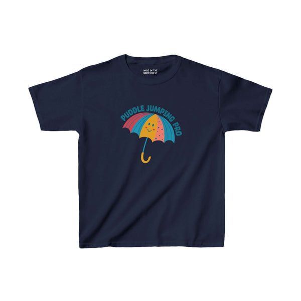 Kids navy t-shirt with colorful 'Puddle Jumping Pro' umbrella design, perfect for playful and adventurous children who love splashing in puddles.