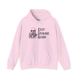 Keep Spokane Beard hoodie featuring a bearded man in heart-shaped sunglasses, perfect for outdoor enthusiasts.