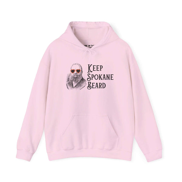 Keep Spokane Beard hoodie featuring a bearded man in heart-shaped sunglasses, perfect for outdoor enthusiasts.