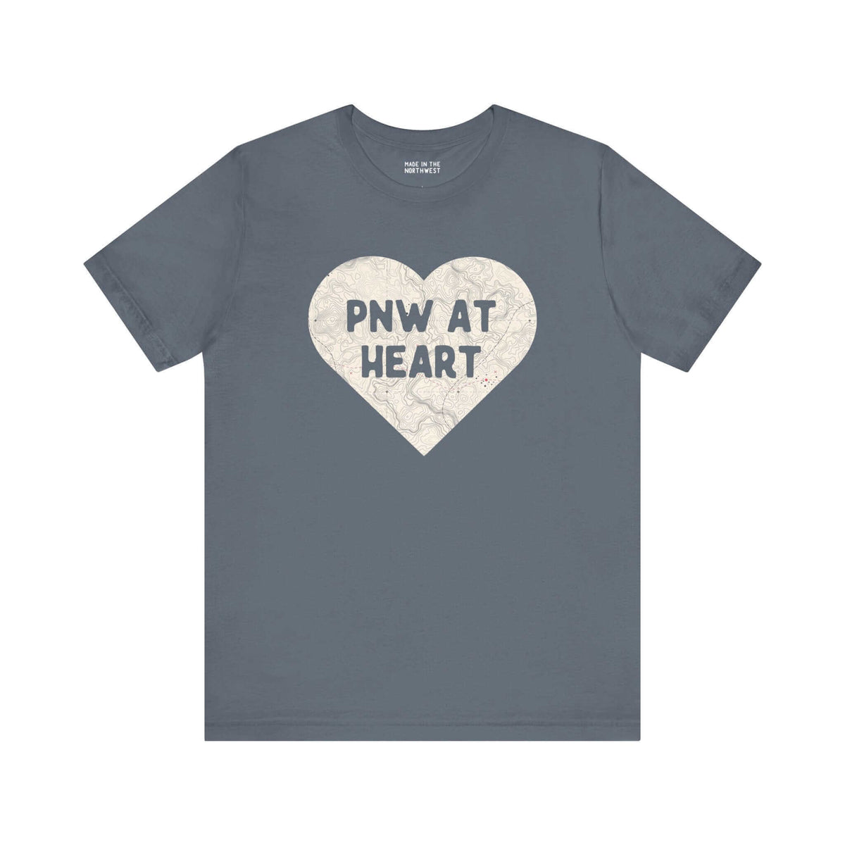 Gray t-shirt with heart-shaped map print and "PNW at Heart" text, showcasing Pacific Northwest pride.