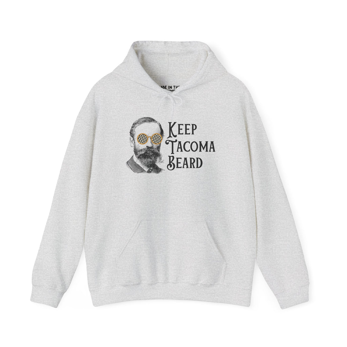 Keep Tacoma Beard hoodie featuring a vintage bearded man in sunglasses, showcasing Tacoma pride and style.