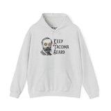 Keep Tacoma Beard hoodie featuring a vintage bearded man in sunglasses, showcasing Tacoma pride and style.