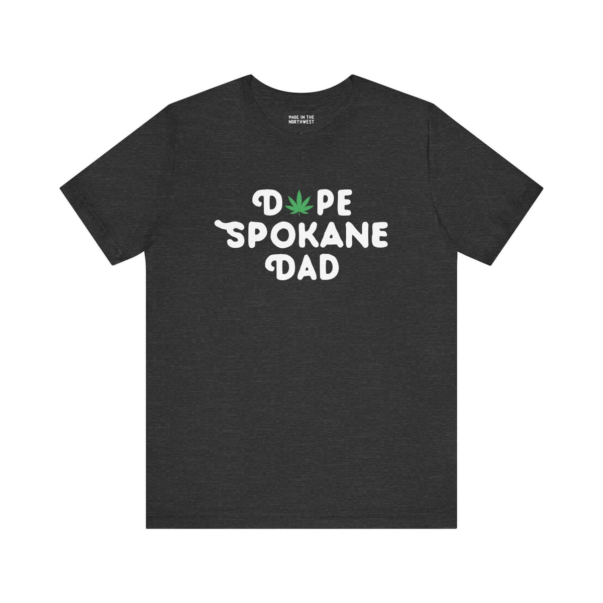 Black "Dope Spokane Dad" tee with marijuana leaf replacing "O", perfect for stylish dads in Spokane, Washington.