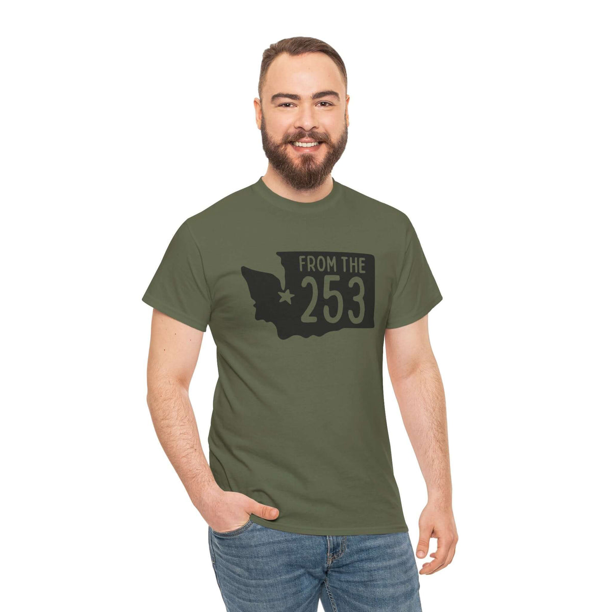 Man wearing "From the 253" tee with Washington state outline and Tacoma star, showcasing local pride in a stylish green shirt.