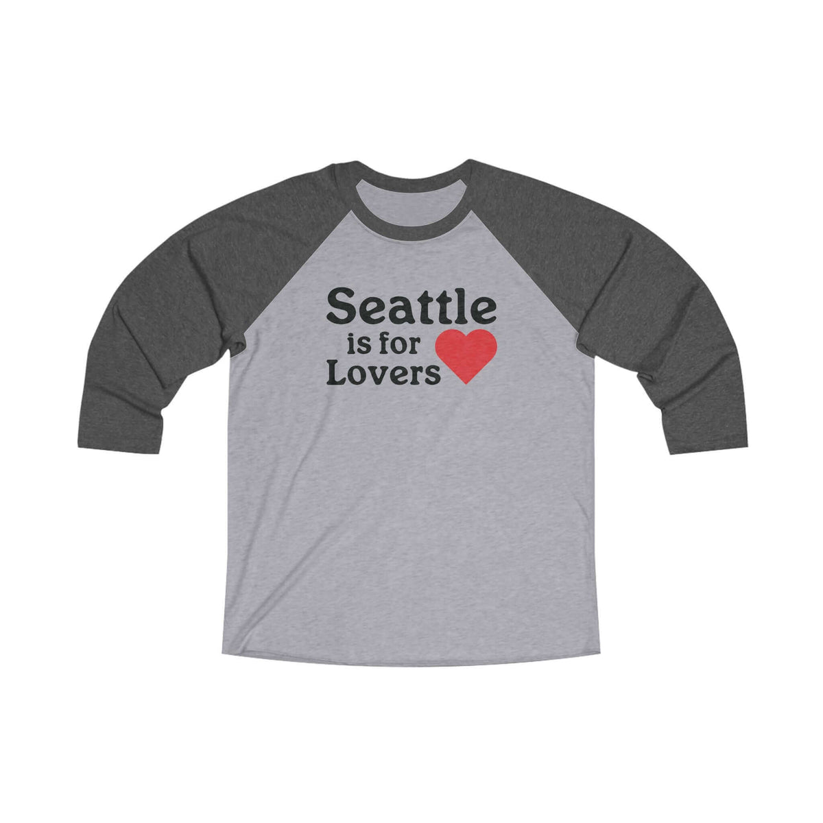 Gray and black raglan tee with "Seattle is for Lovers" print, featuring a red heart, representing Seattle's charm and allure.