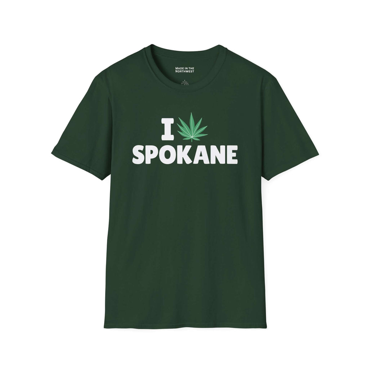 I Marijuana Spokane T Shirt featuring a green background and bold white text.