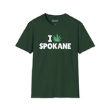 I Marijuana Spokane T Shirt featuring a green background and bold white text.