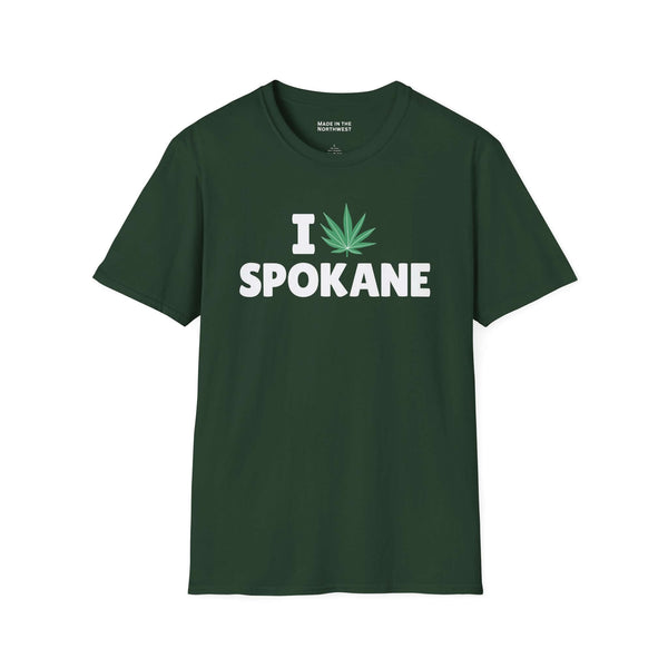 I Marijuana Spokane T Shirt featuring a green background and bold white text.