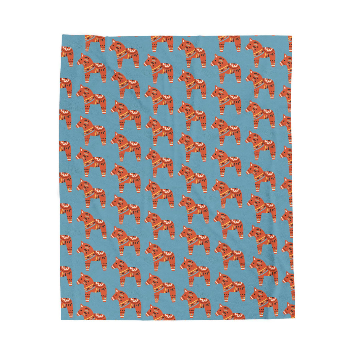 Dala Horse Blanket – Scandi Spirit Lightweight Cozy Throw featuring colorful Dala horse pattern on a blue background.