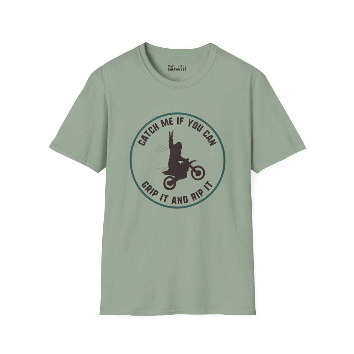 Catch Me If You Can Bigfoot motocross softstyle t-shirt in green, featuring a riding Sasquatch graphic.