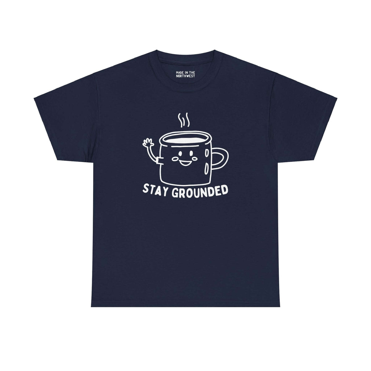 "Stay Grounded and Caffeinated athletic tee with illustrated waving coffee mug design for coffee lovers"