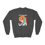 Kids sweatshirt with a dog holding a rainbow flag, featuring the text 'Love Always Wins' for LGBTQ+ Pride.