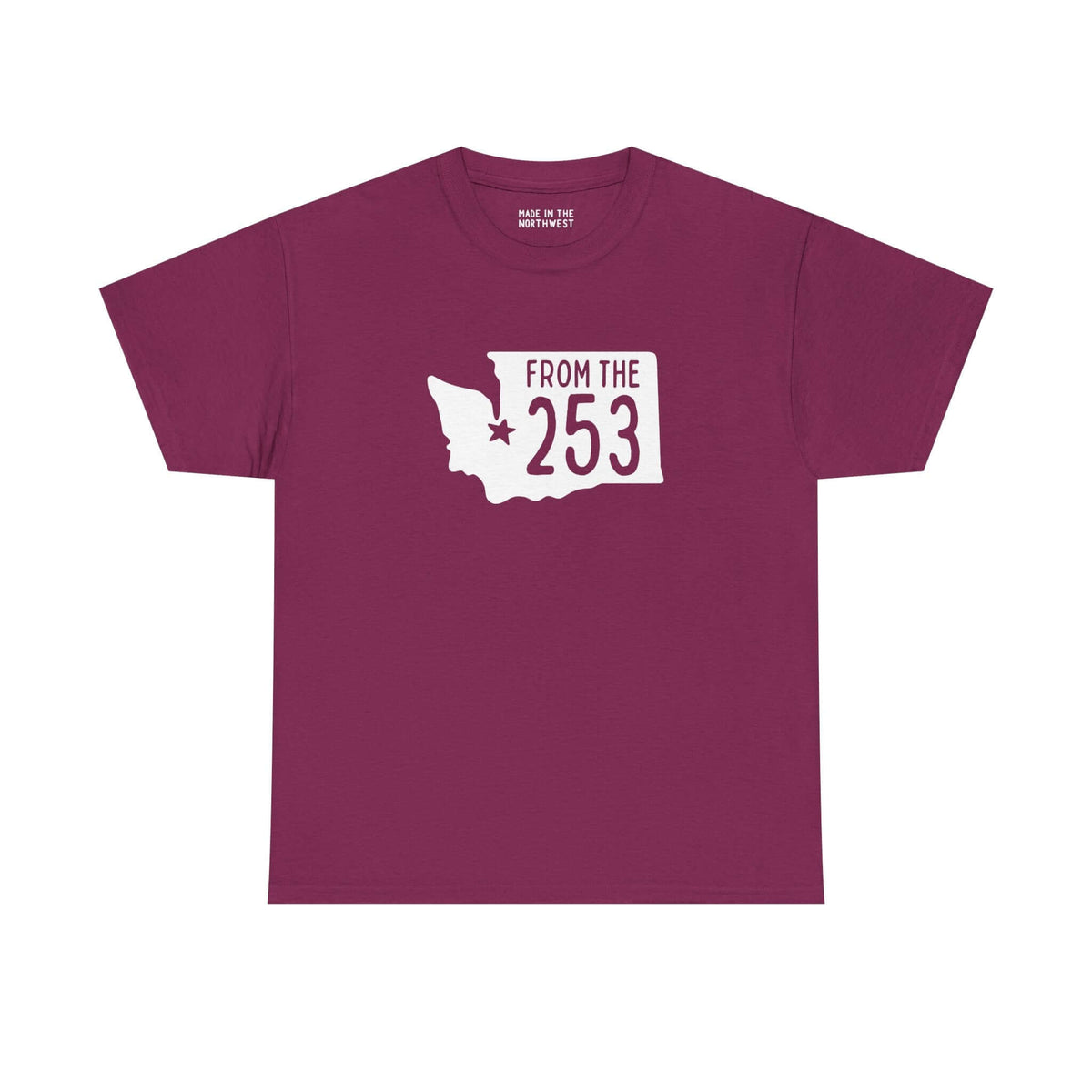 Maroon Washington State athletic tee with 'From the 253' design, featuring Tacoma star symbol.