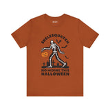 Halloween orange tee with Skelesquatch design, skeleton Sasquatch with pumpkin bucket, graveyard scene, bats and text 