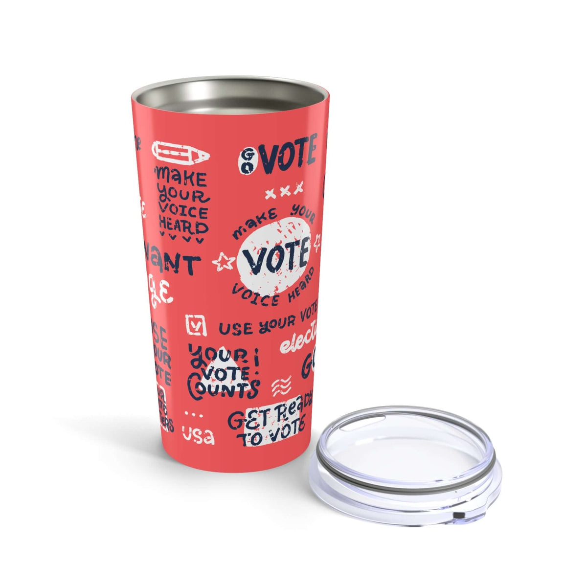 Get Out and Vote Coffee Tumbler with playful voting messages on a coral background, double-wall insulation for drinks.