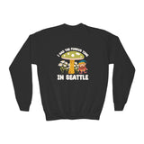 Kids sweatshirt featuring gnome and mushroom design with 'I Had the Fungus Time in Seattle' text.
