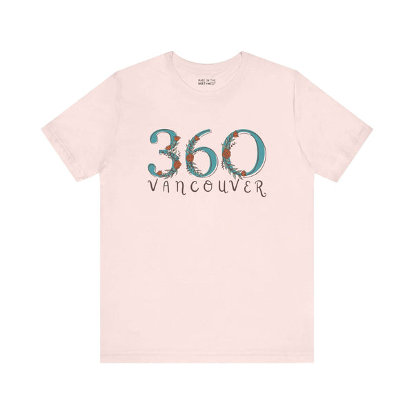 Women's 360 Floral Area Code Soft Tee, showcasing Pacific Northwest style with nature-inspired design and Vancouver lettering.