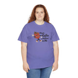Woman wearing Maybe Coffee is Addicted to Me athletic tee, featuring a playful coffee design on a purple shirt.