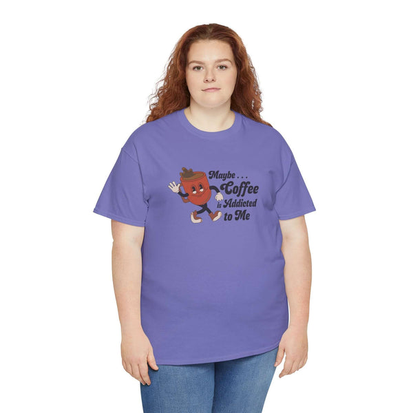 Woman wearing Maybe Coffee is Addicted to Me athletic tee, featuring a playful coffee design on a purple shirt.