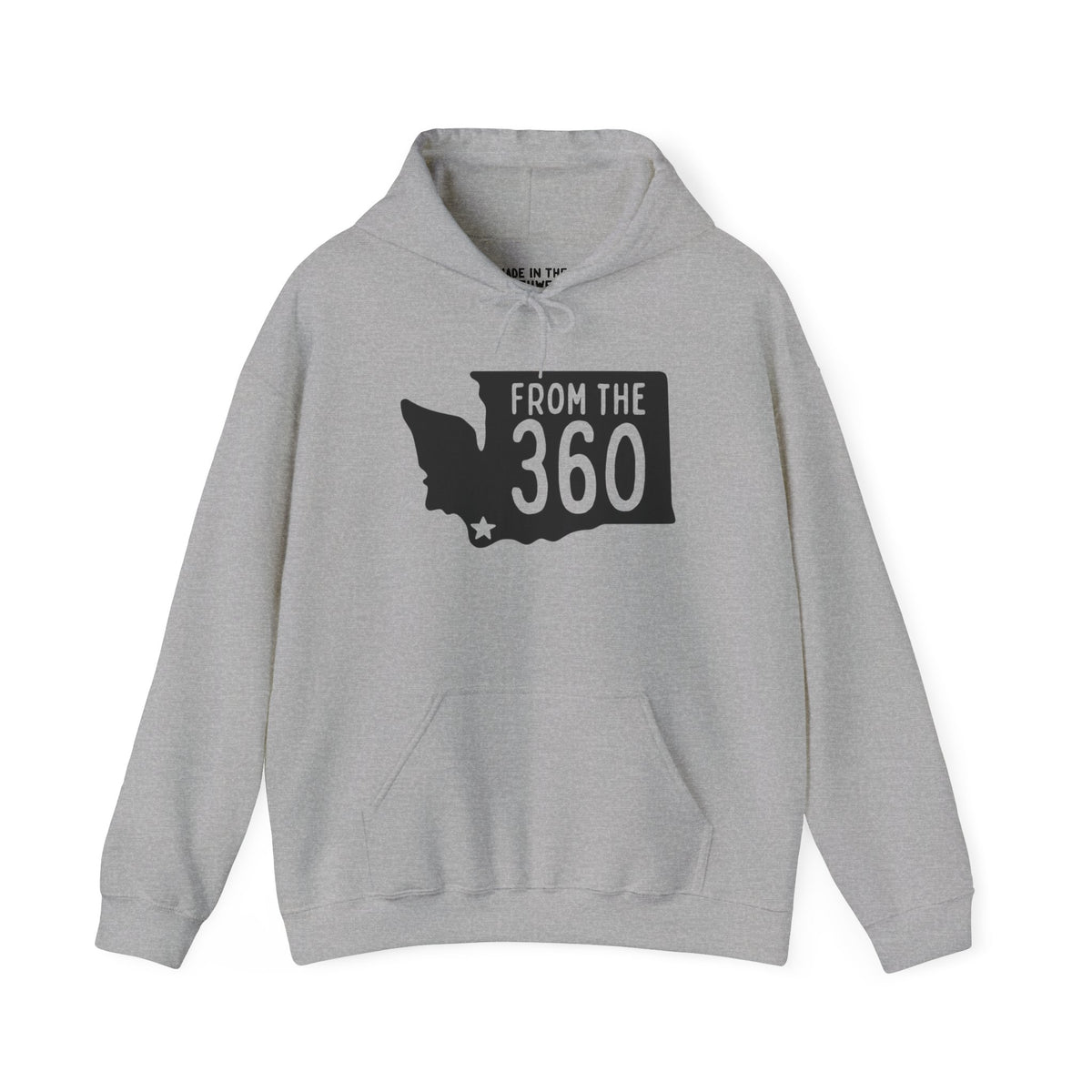 From the 360 cozy hoodie in gray with silhouette of Washington state and bold text representing Vancouver.