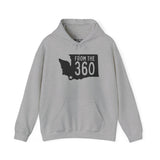 From the 360 cozy hoodie in gray with silhouette of Washington state and bold text representing Vancouver.