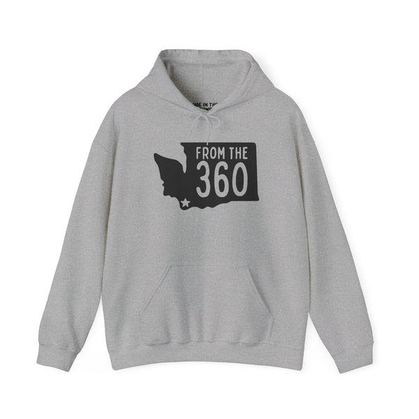 From the 360 cozy hoodie in gray with silhouette of Washington state and bold text representing Vancouver.