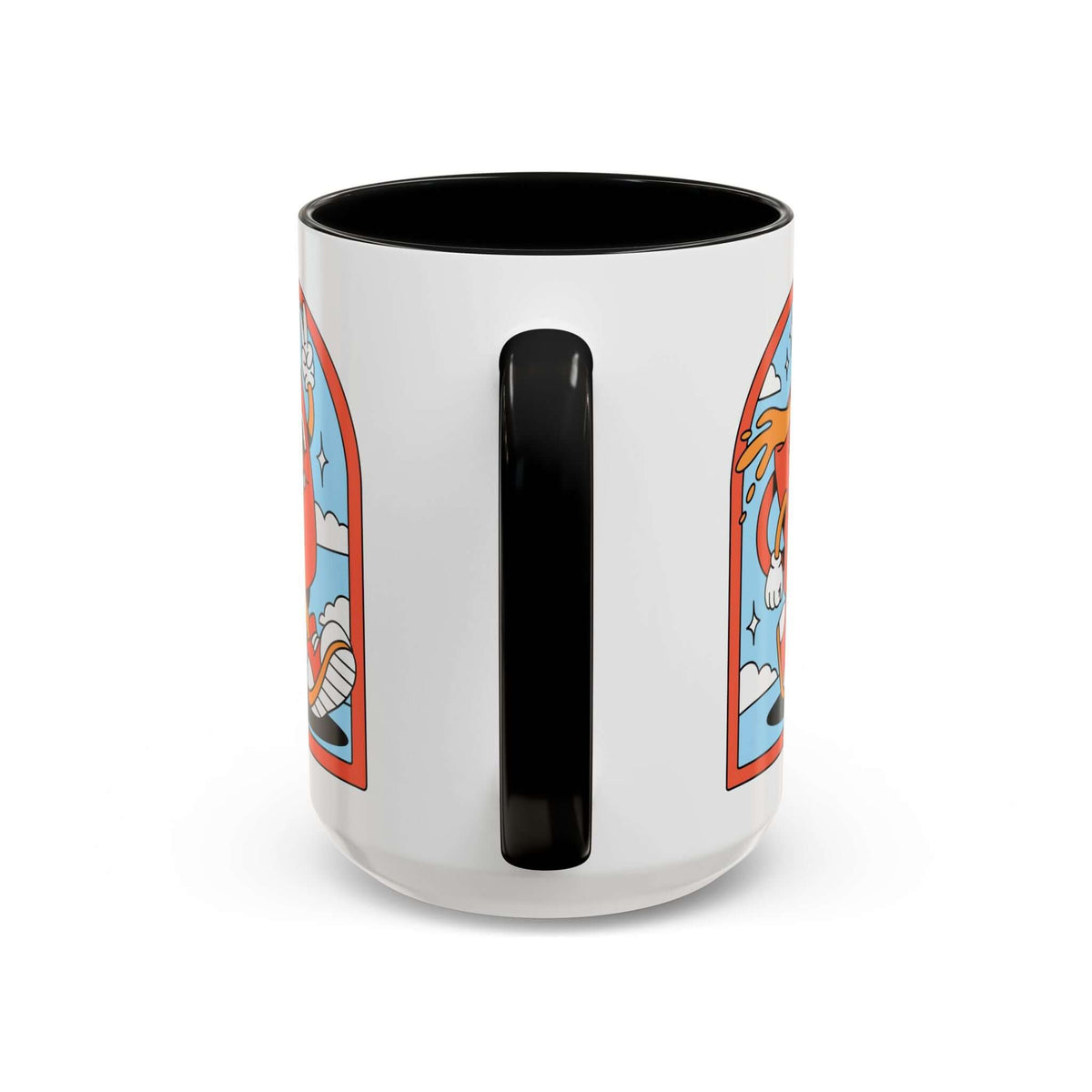 Retro Coffee Badge Mug featuring a cartoonish character in a playful design with a black handle and interior.