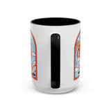 Retro Coffee Badge Mug featuring a cartoonish character in a playful design with a black handle and interior.