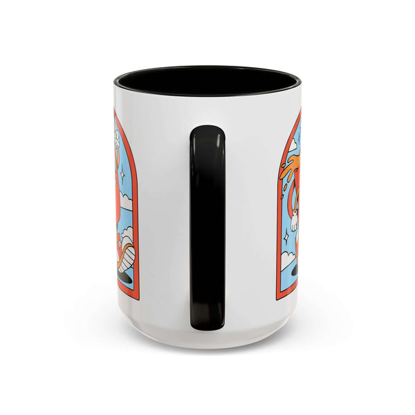 Retro Coffee Badge Mug featuring a cartoonish character in a playful design with a black handle and interior.