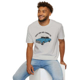 Man wearing When Cars Had Character softstyle T-shirt featuring a classic 52 Chevy Deluxe Coupe design.