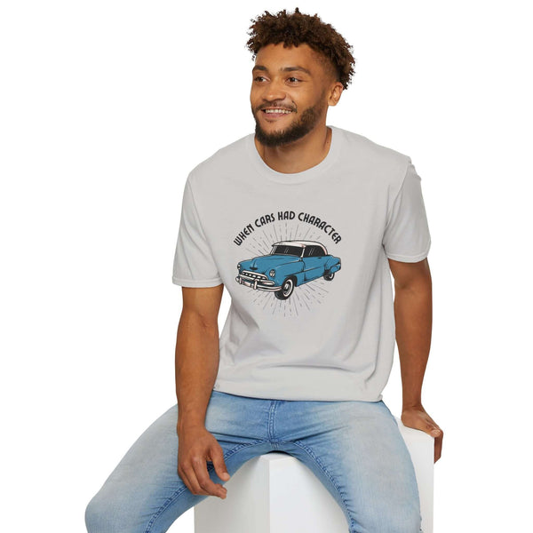 Man wearing When Cars Had Character softstyle T-shirt featuring a classic 52 Chevy Deluxe Coupe design.